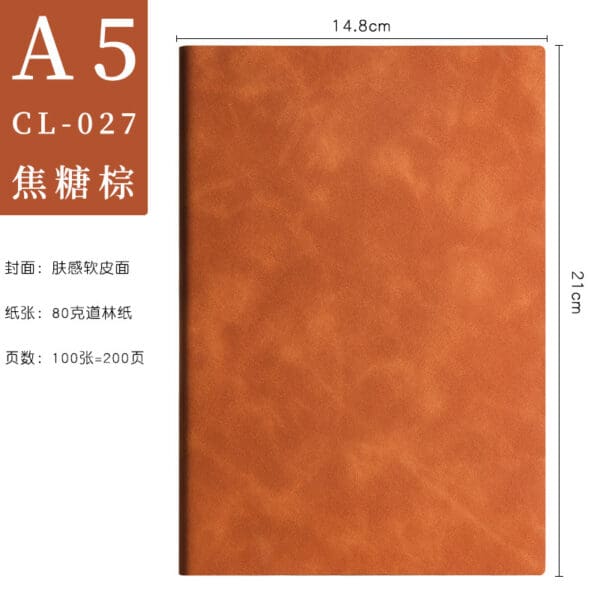 Elegant A5 orange leather notebook, perfect for corporate gifts and professional note-taking.