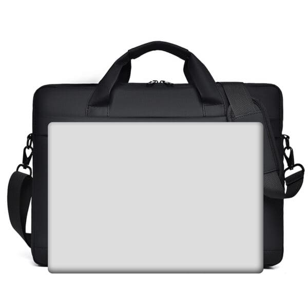 Stylish black laptop bag with minimalist design, perfect for corporate gifts and everyday use.