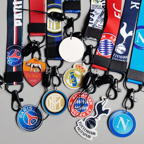 Vibrant football club lanyards showcasing team logos, perfect for fans and corporate gifts.