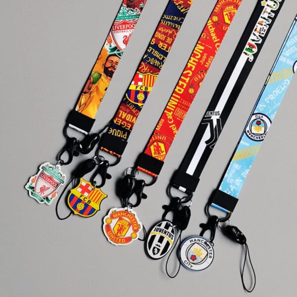 Colorful football club lanyards: Liverpool, Barcelona, Manchester United, Juventus, and Manchester City.