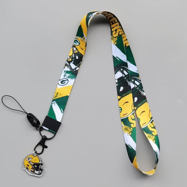 Colorful football team lanyard in green and yellow, ideal for sports fans and corporate gifts.