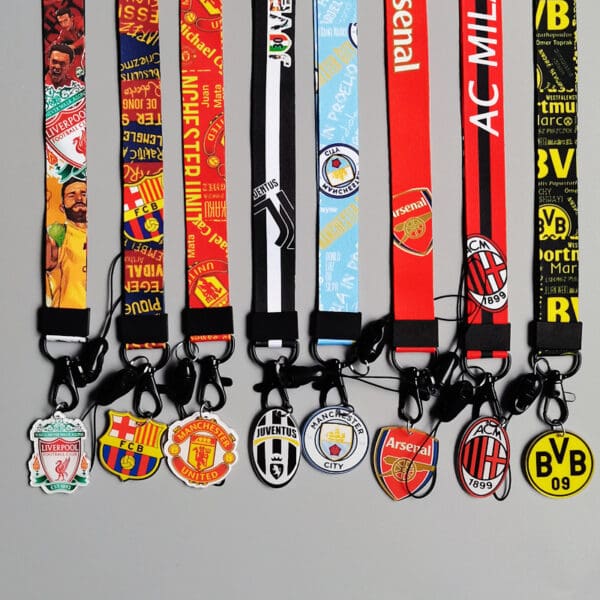 Colorful football club lanyards showcasing team pride, perfect for fans and corporate gifts.