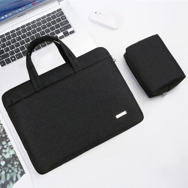 Stylish black laptop bag and pouch set, perfect for corporate gifts and professional organization.
