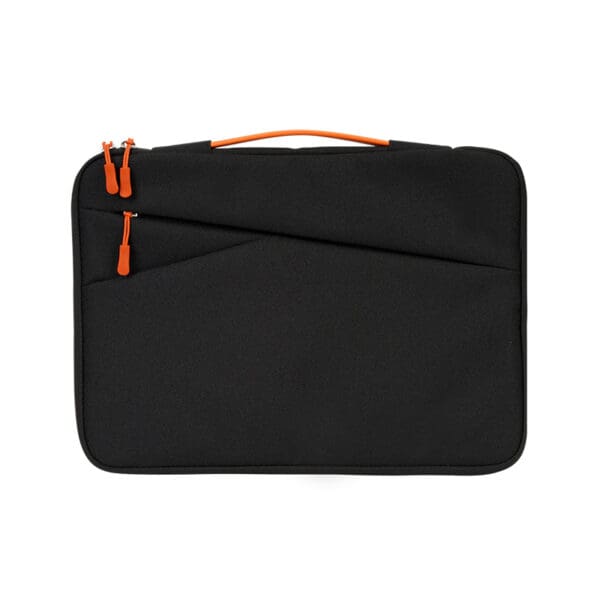 Sleek black laptop case with orange accents, padded for protection and stylish portability.
