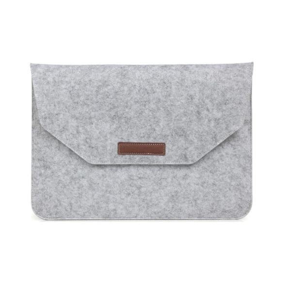 Stylish gray felt laptop sleeve with leather label, perfect for corporate gifts and device protection.