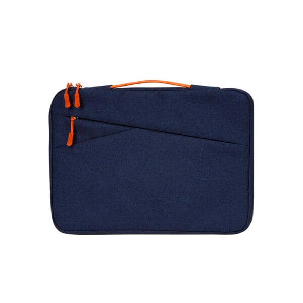 Sleek navy laptop sleeve with orange zippers, perfect corporate gift blending style and functionality.