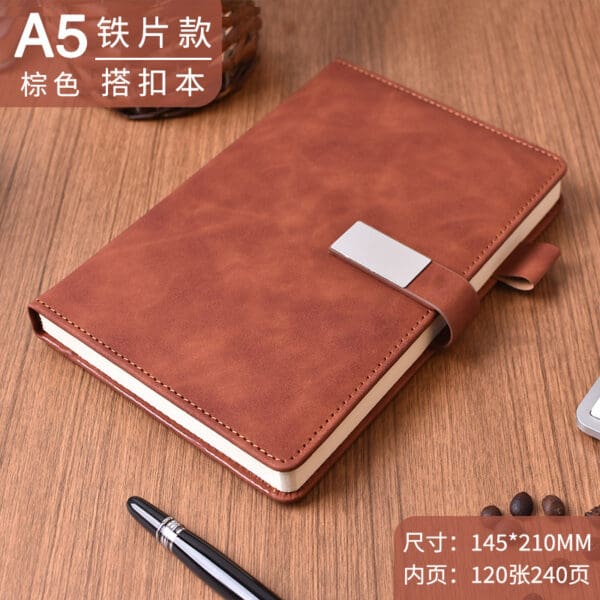 Elegant A5 leather notebook with silver clasp, perfect for corporate gifts and stylish note-taking.