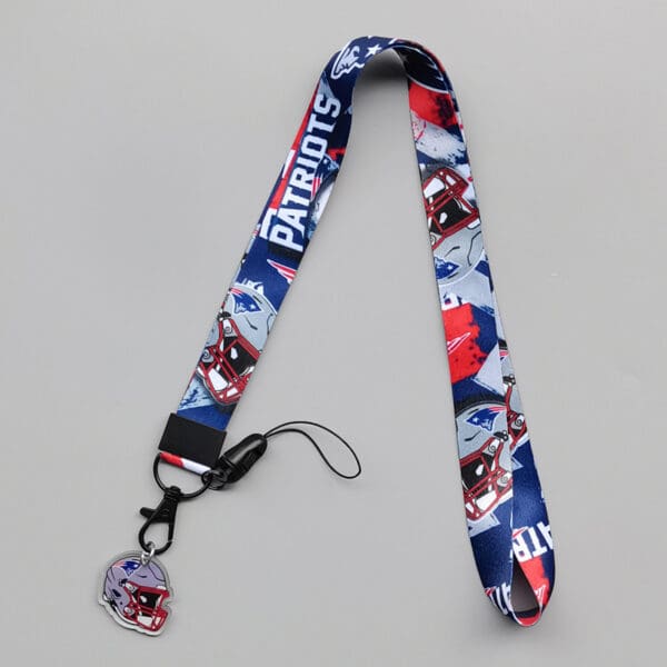 Vibrant New England Patriots lanyard, durable fabric, ideal for fans and corporate gifts.