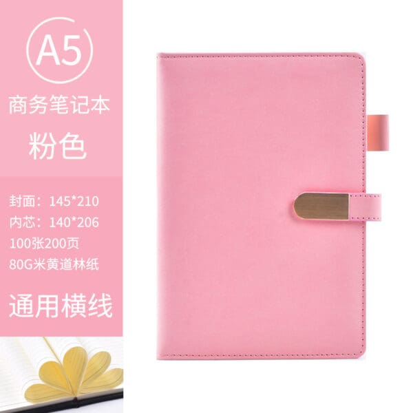 Elegant pink A5 notebook with gold clasp, perfect for corporate gifts and professional use.