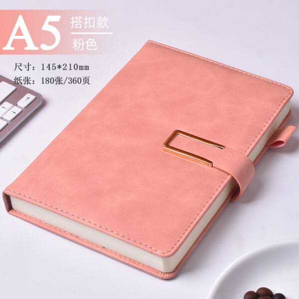 Elegant A5 pink faux leather planner with 180 pages, perfect for note-taking and corporate gifts.