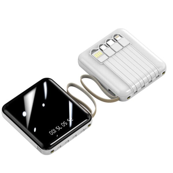 Compact black portable charger with digital display, perfect for travel and corporate gifting.