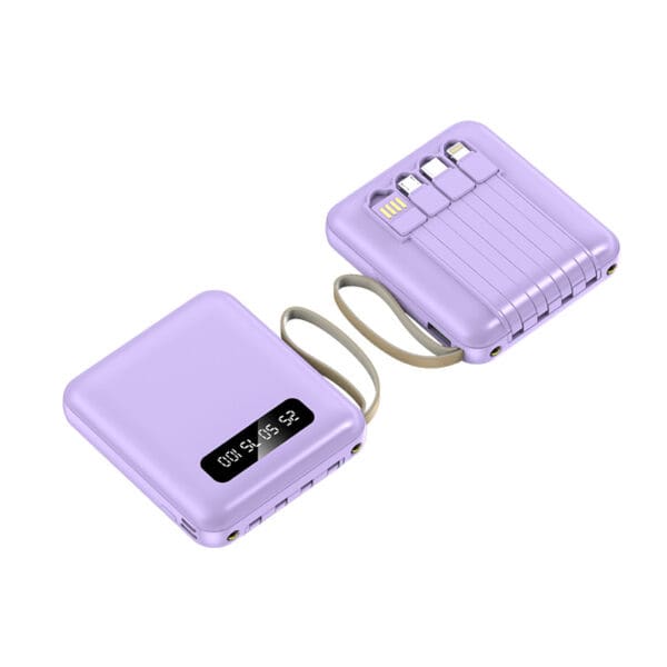 Compact lavender portable charger with sleek design, digital display, and retractable cables for convenience.