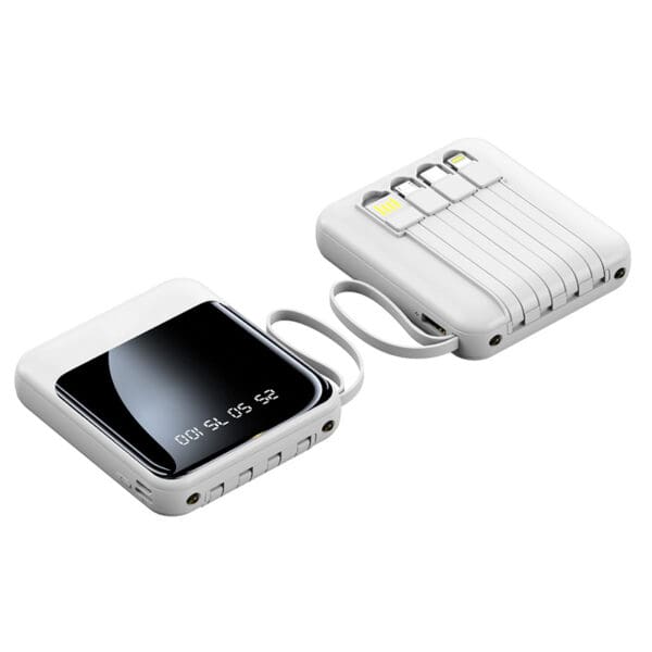 Stylish portable charger with cable organizer, featuring a sleek design and digital battery display.