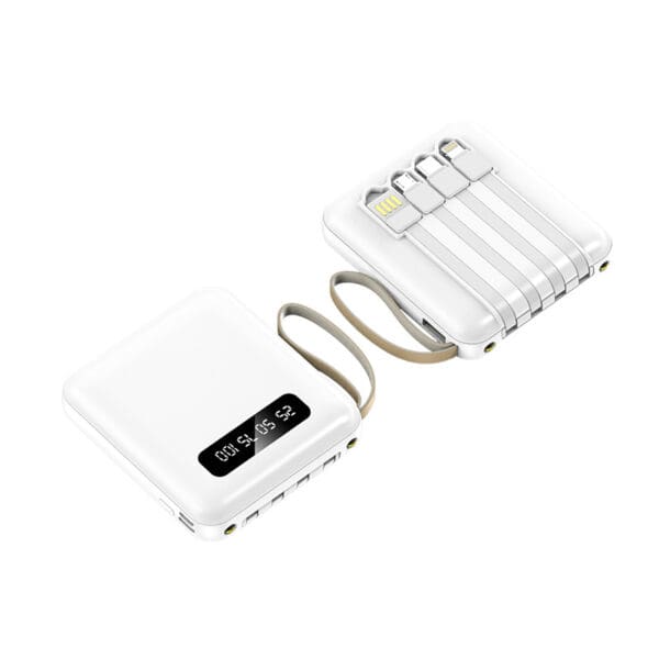 Sleek portable charger with retractable cables and display, perfect for corporate gifts and tech enthusiasts.