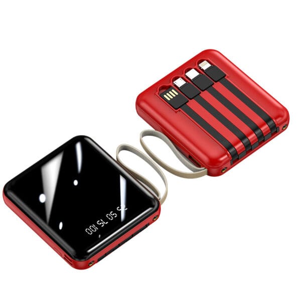 Compact red power bank with built-in cables and digital display, perfect for tech-savvy professionals.