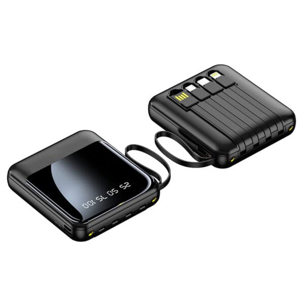 Stylish black power bank with multiple USB ports for convenient mobile charging on the go.