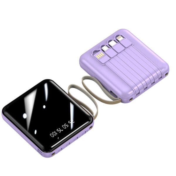 Elegant lavender power bank with built-in cables and digital display, ideal for corporate gifts.