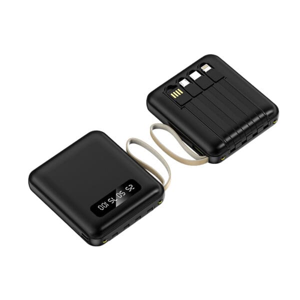 Sleek power bank with digital display and retractable cable for easy, on-the-go charging.