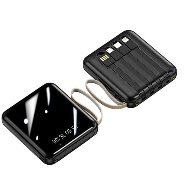 Stylish black power bank with display, four ports, and built-in cable—ideal corporate gift.