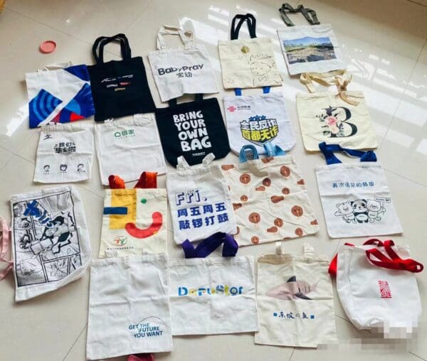 Colorful eco-friendly reusable tote bags promoting sustainability and conscious consumerism.