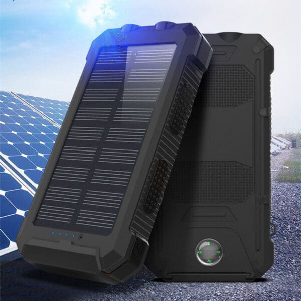 Durable solar power bank for outdoor use, featuring solar panels, LED indicator, and textured grip.