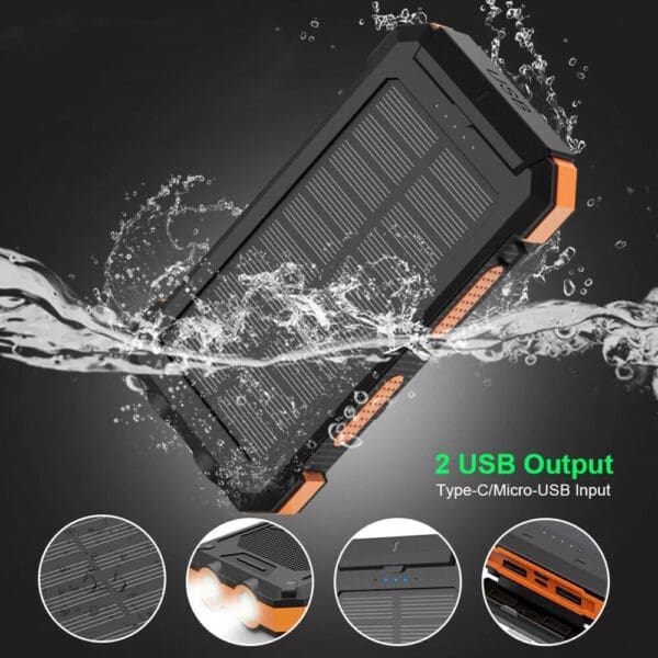 Rugged waterproof solar power bank with USB ports, ideal for outdoor adventures and charging devices.