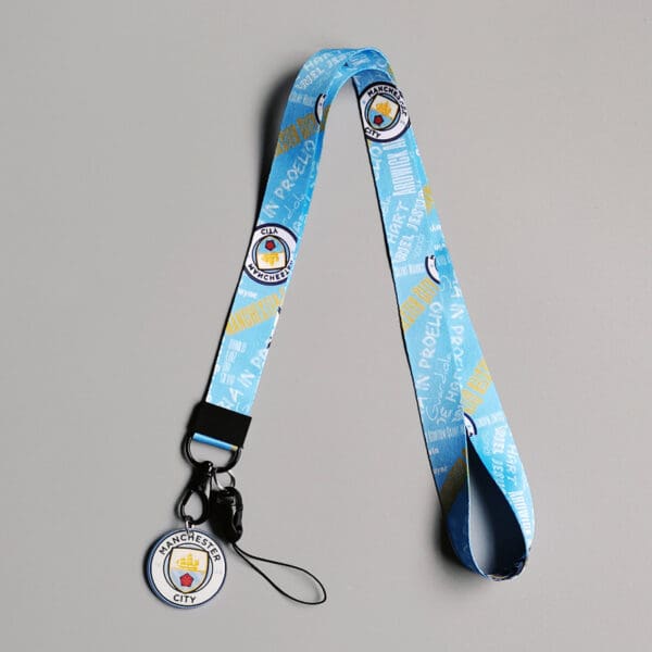Vibrant blue and yellow lanyard with team badges and sturdy clip for fans and events.