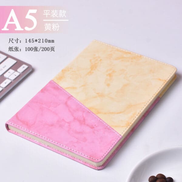 Elegant A5 notebook in creamy yellow and pink, ideal for corporate gifts and personal use.
