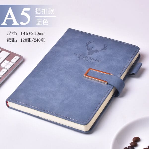 Elegant blue faux leather notebook with deer design, perfect for corporate gifts and note-taking.