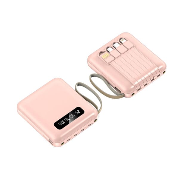 Chic pastel pink portable charger with digital display and multiple connector slots for modern professionals.